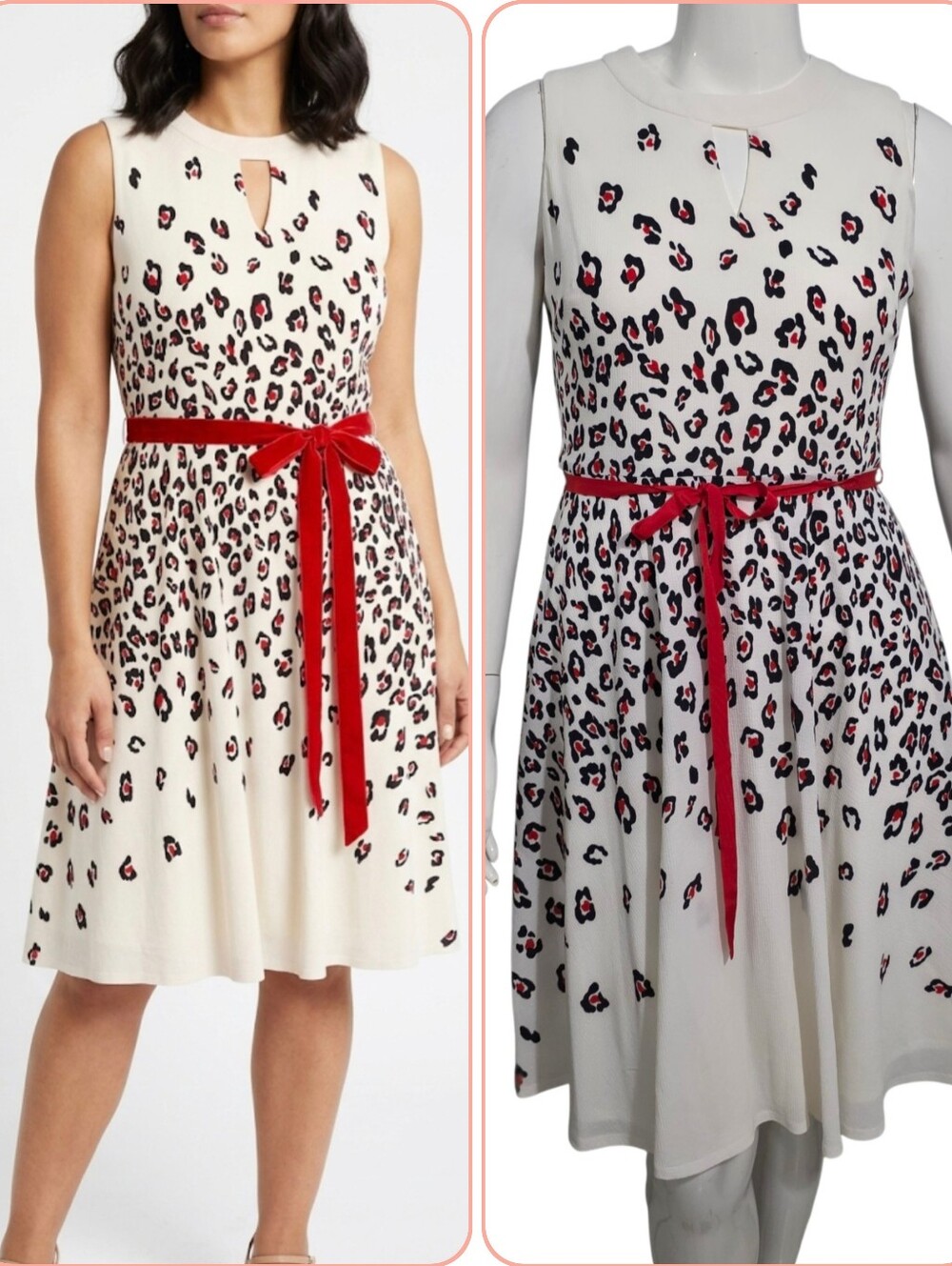 Danny and Nicole Ivory Animal Print Fit-and-Flare Dress with Red Bow Size 14 NWT